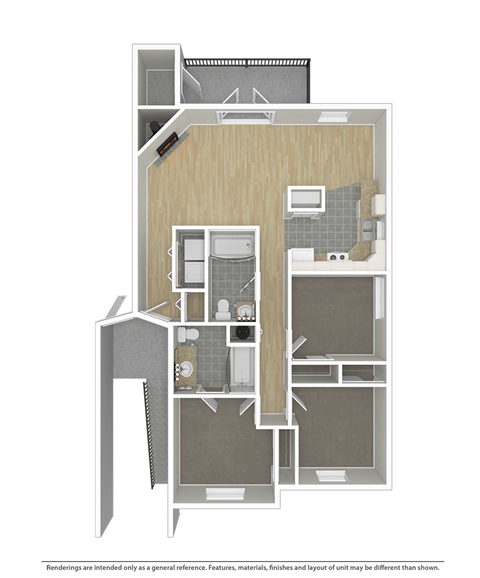 Floor plan for 3 beds, 2 baths, 1018 sqft